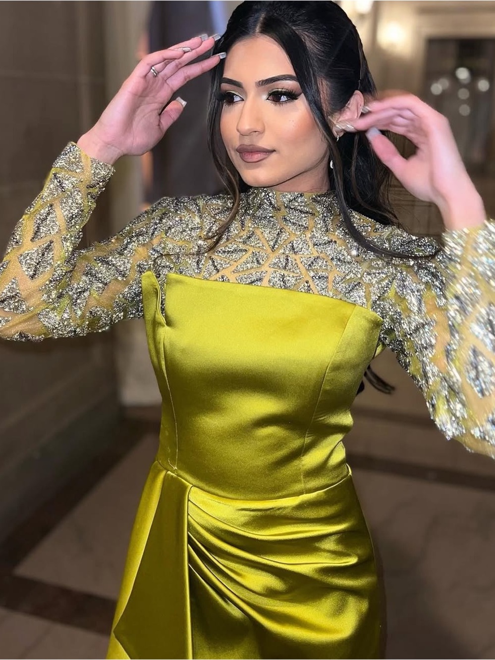 Elegant Lime Green Satin Evening Dress with Beaded Illusion Bodice